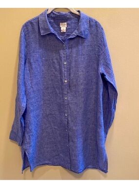 Sigrid Olsen Linen Shirt Dress  L/S Mother of Pearl Chambray Blue Size LARGE